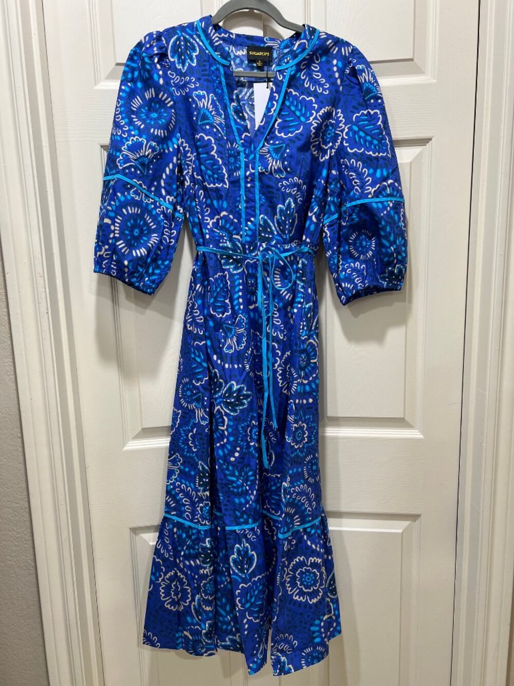 NWT Women's Sugarlips Blue Floral Maxi Dress Tie Waist 3/4 Sleeve - Medium